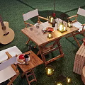 Outdoor Wooden Table and Chair Set With Candle Lanterns Guitar and Clay Pots on Grass