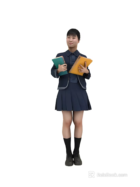 Young Woman In Blue School Uniform Holding Green And Yellow Books 3d model 