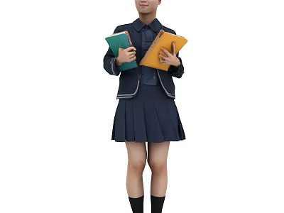 Young Woman In Blue School Uniform Holding Green And Yellow Books 3d model