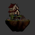 Fairy Tale Cartoon Style Floating Island Wooden Cottage With Red Roof Staircase Fence And Flowers