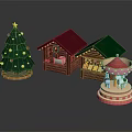 Christmas Scene Elements With Decorated Tree Lighted Wooden Cabin And Colorful Carousel