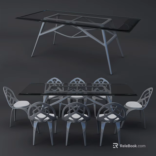 Modern Dining Table Set With Glass Top And Geometric Metal Chairs 3d model 
