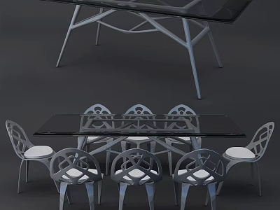 Modern Dining Table Set With Glass Top And Geometric Metal Chairs 3d model