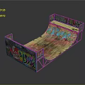 Colorful Graffiti Covered Skateboard Ramp With Wooden Surface And Metal Frame