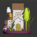 Cute Miniature House With Orange Roof Balcony Green Pink Trees Purple Lawn And White Goose