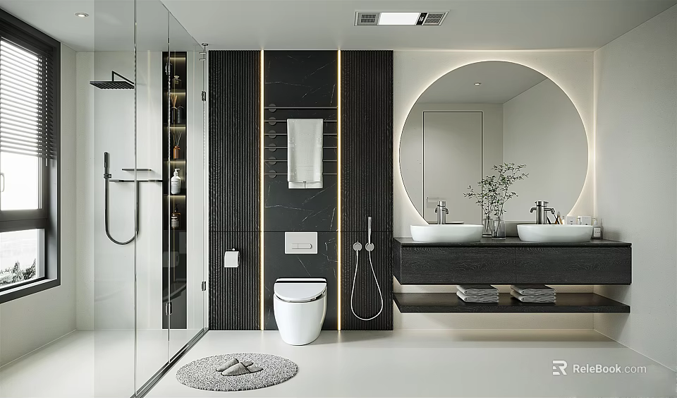 Modern Bathroom Interior With Glass Shower Round Mirror And Double Vanity Sinks 3d model 