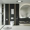 Modern Bathroom Interior With Glass Shower Round Mirror And Double Vanity Sinks