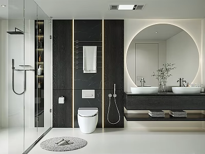 Modern Bathroom Interior With Glass Shower Round Mirror And Double Vanity Sinks 3d model