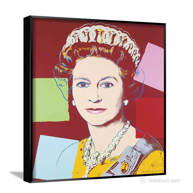 Pop Art Style Queen Portrait Painting with Crown Pearl Necklace Colorful Geometric Blocks Red Background 3d model 