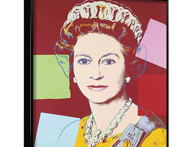 Pop Art Style Queen Portrait Painting with Crown Pearl Necklace Colorful Geometric Blocks Red Background 3d model
