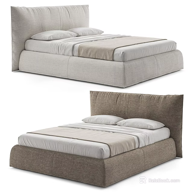 Modern Double Bed With Padded Headboard Neutral Tones And Striped Bedding 3d model