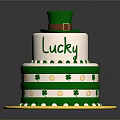 Lucky Green Two Tiered Cake With Clover Patterns White Decorations And Green Hat Topper 3d model