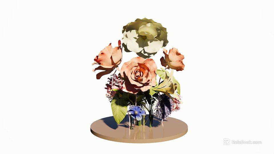 Vibrant Floral Arrangement With Mixed Color Roses Green Leaves On Round Base 3d model 