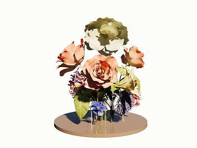 Vibrant Floral Arrangement With Mixed Color Roses Green Leaves On Round Base 3d model