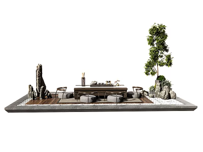 Natural Stone Decorative Tea Table And Chairs With Green Plants And Slate Floor 3d model