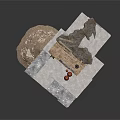 Stacked Gray Stone Block Scene With Wooden Frame And Red Decorations