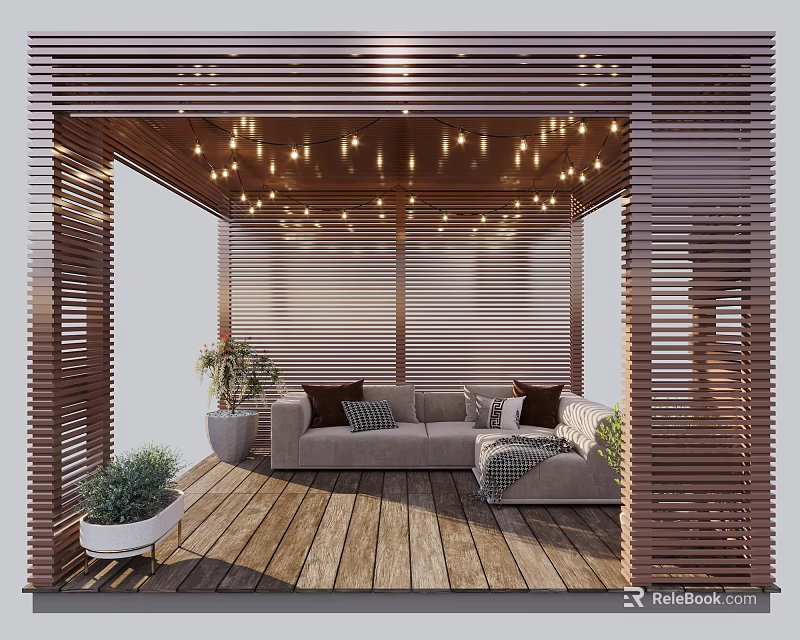 Cozy Semi Open Lounge Space With Wooden Slat Walls Sofa String Lights And Potted Plants 3d model 