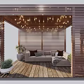 Cozy Semi Open Lounge Space With Wooden Slat Walls Sofa String Lights And Potted Plants