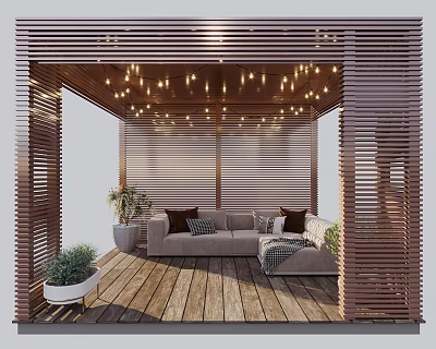 Cozy Semi Open Lounge Space With Wooden Slat Walls Sofa String Lights And Potted Plants 3d model