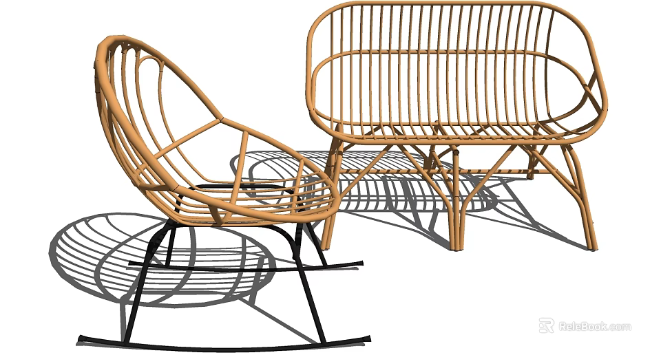 Modern Wicker Outdoor Rocking Chair And Bench With Light Brown Metal Frame 3d model 