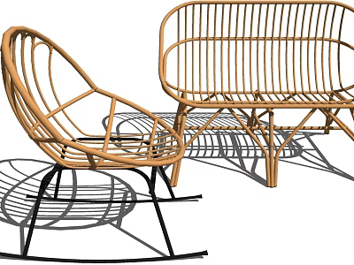 Modern Wicker Outdoor Rocking Chair And Bench With Light Brown Metal Frame 3d model