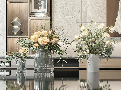 Decorative Vases With Yellow Roses White Blooms Green Leaves Olive Branches On Modern Countertop 3d model