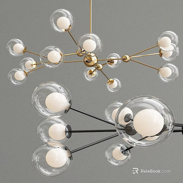 Modern Glass Globe Chandelier With Gold And Black Metal Arms Design 3d model 