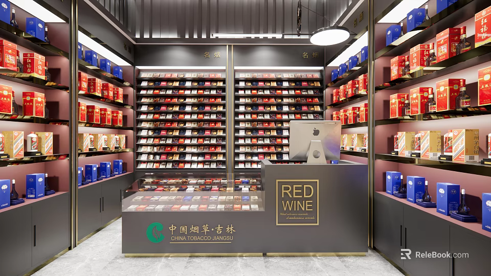 Tobacco Liquor Store Interior With Shelves Full Of Various Products And Red Wine Counter 3d model 