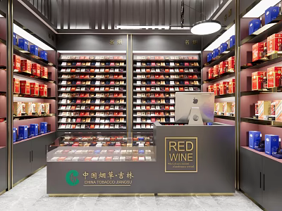 Tobacco Liquor Store Interior With Shelves Full Of Various Products And Red Wine Counter 3d model