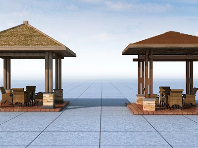 Outdoor Gazebos With Different Roof Colors Tables Chairs Stone Tile Floor Blue Sky And Sea View 3d model