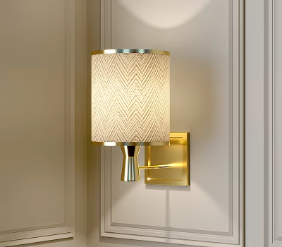Elegant Gold Wall Lamp With Beige Chevron Pattern Shade On Light Wall 3d model