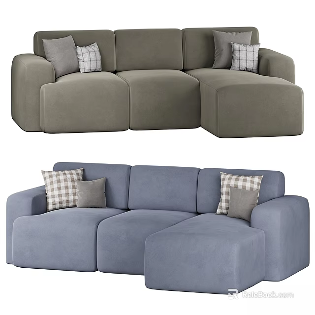 Modern Style Two Seater Sofa In Gray And Blue With Plaid Solid Cushions 3d model