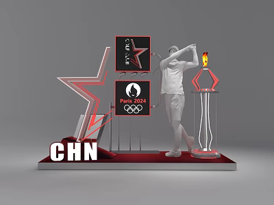 Olympic Themed Window Display With Paris 2024 CHN Torch Olympic Rings And Red Star Statue 3d model