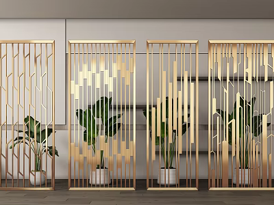 Modern Gold Metal Screens With Geometric Patterns And Potted Plants 3d model