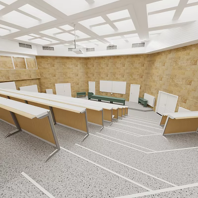 School Lecture Hall Interior With Tiered Desks And Stone Walls 3d model