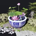 Garden Ornament With Blue and White Ceramic Basin Lotus Flowers Leaves Moss and Stones