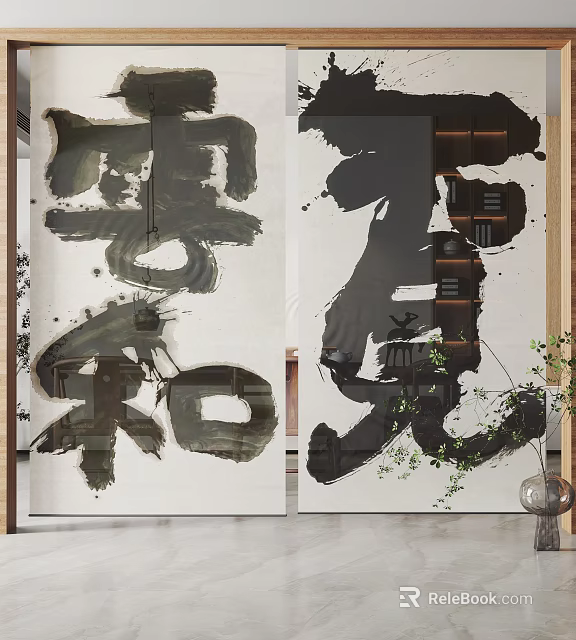 Artistic Curtains With Chinese Ink Calligraphy Characters Design For Interior Decor 3d model 
