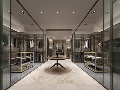 Modern Clothing Store Interior With Glass Walls Mirrors Display Shelves And Round Table 3d model
