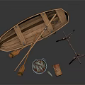 Traditional Wooden Boat with Oars Blue Bucket Small Stool and Fish Drying Rack