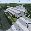 Modern Sales Office Building Exterior With Large Glass Facade Geometric Structure Green Lawn And Waterfront
