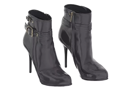 Black Patent Leather High Heel Ankle Boots With Zipper Metal Buckle And Stiletto Heel 3d model