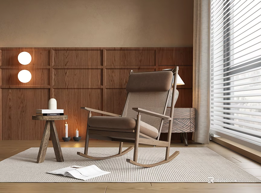 Comfortable Brown Wooden Rocking Chair with Small Table Books Candles Wooden Wall and Blinds 3d model 