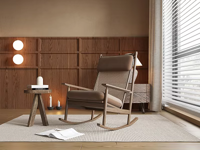 Comfortable Brown Wooden Rocking Chair with Small Table Books Candles Wooden Wall and Blinds 3d model