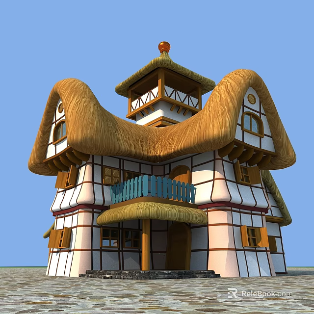 Traditional Detached Villa Featuring Thatched Roof White Brown Exterior Balcony And Tower 3d model 