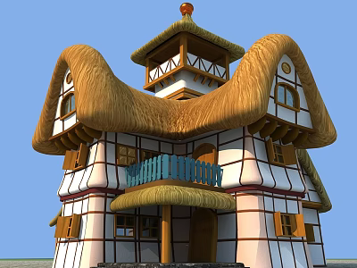 Traditional Detached Villa Featuring Thatched Roof White Brown Exterior Balcony And Tower 3d model
