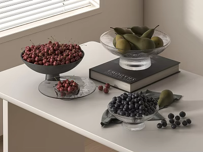 Assorted Fresh Fruits Cherries Pears Blueberries in Glass Bowls on White Table with Michelin Book 3d model