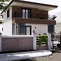 Two Story Modern Detached Villa Exterior With Balcony Front Gate And Greenery