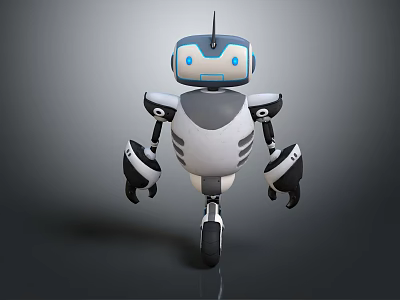 Futuristic Robot Design With Blue Eyes Gray White Body Black Arms Legs And Single Wheel 3d model