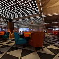 Modern Bar Interior Design With Colorful Chairs Round Tables TV Screens And Grid Ceiling