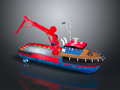 Colorful Model Boat With Red Crane Blue Hull Wooden Deck Small Flag And Cabin 3d model